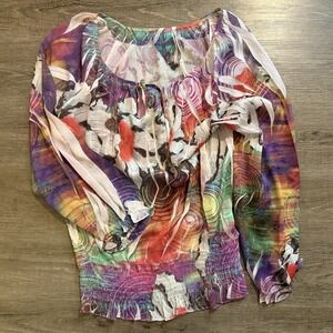 Colorful Puff Sleeve Scoop Neck Blouse Boho Watercolor Print Artsy L